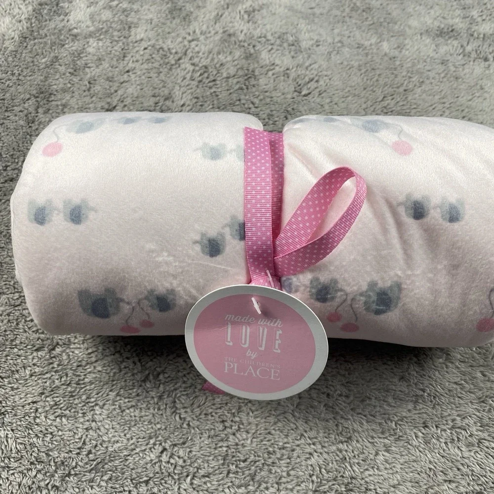 The Childrens Place‎ Baby Blanket Gray Pink Elephants Balloons Sherpa